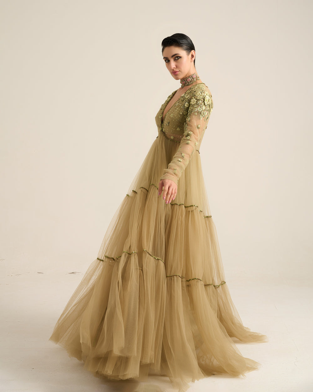 Sage Green Monotone Floral Anarkali Set