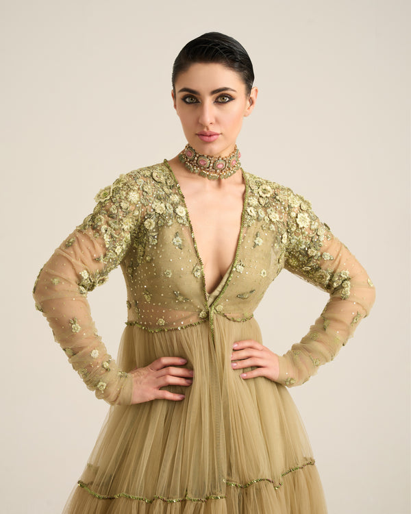 Sage Green Monotone Floral Anarkali Set