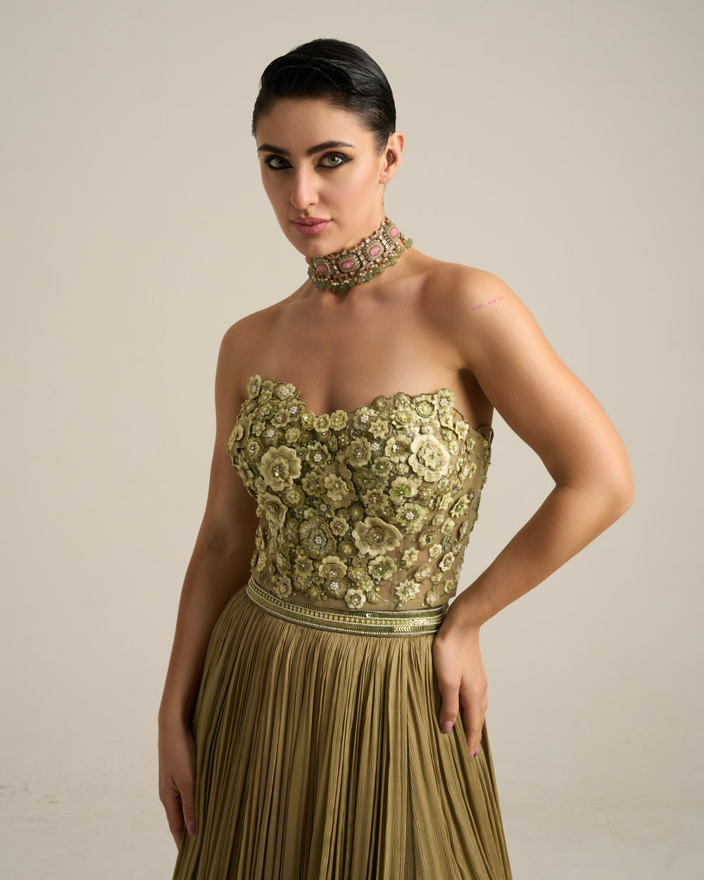 Sage Green Monochrome Floral Corset Lehenga Set