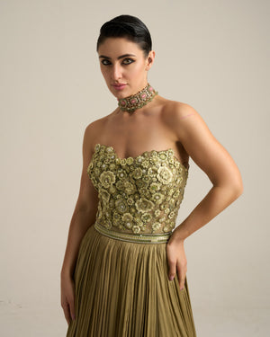 Sage Green Monochrome Floral Corset Lehenga Set