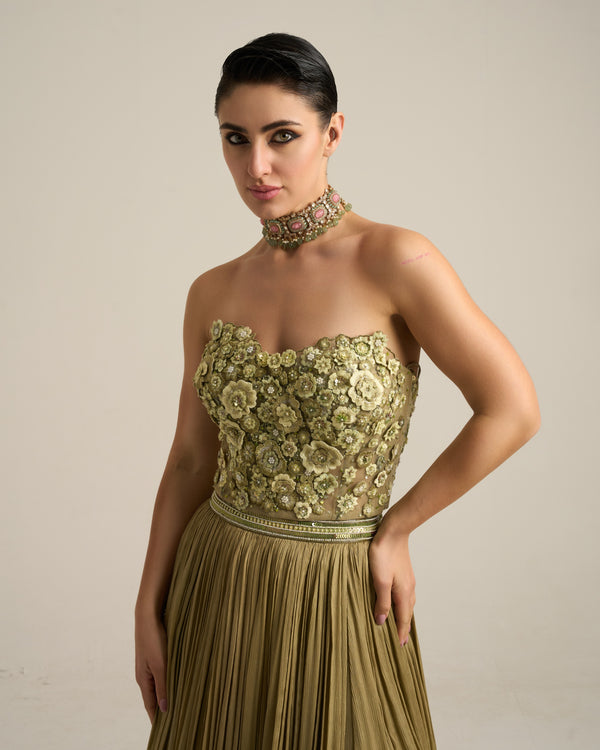 Sage Green Monochrome Floral Corset Lehenga Set