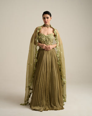 Sage Green Monochrome Floral Corset Lehenga Set