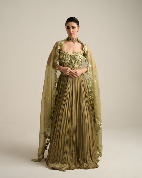 Sage Green Monochrome Floral Corset Lehenga Set