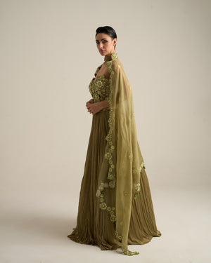 Sage Green Monochrome Floral Corset Lehenga Set