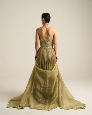 Sage Green Monochrome Floral Corset Lehenga Set