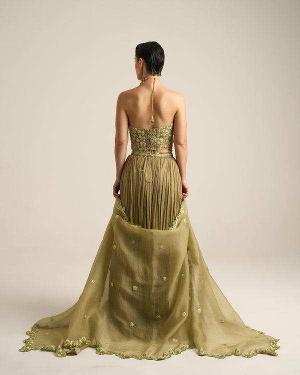 Sage Green Monochrome Floral Corset Lehenga Set