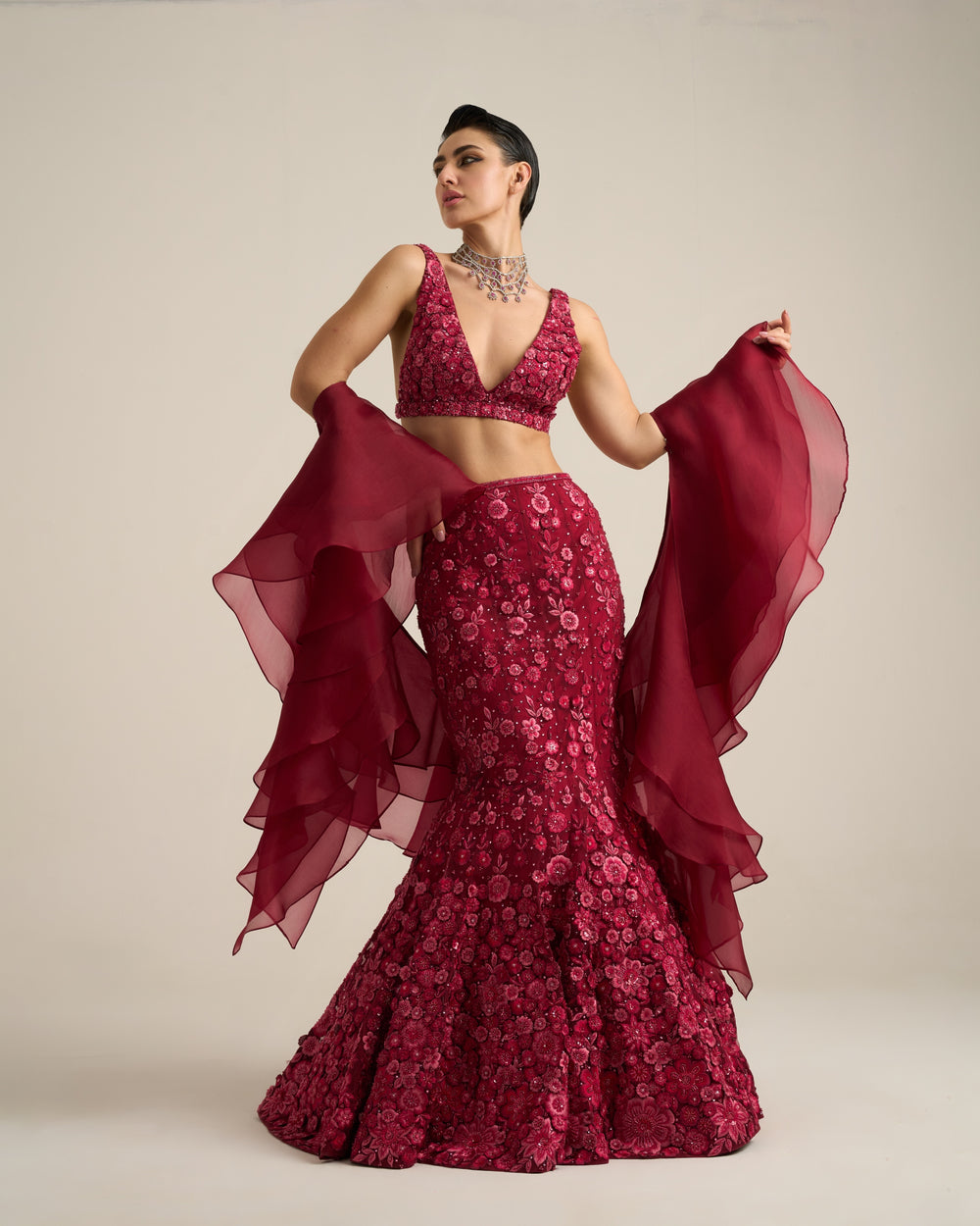 Cherry Red Monochrome Florid Lehenga Set