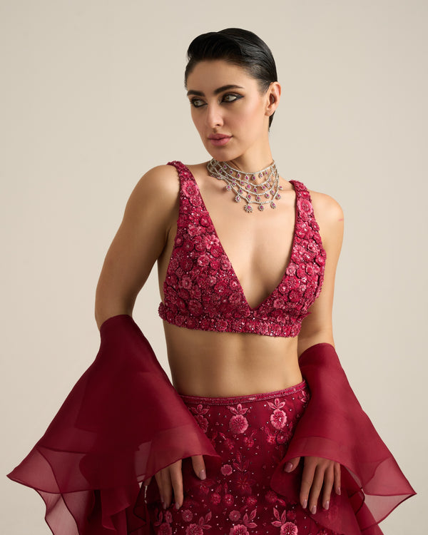 Cherry Red Monochrome Florid Lehenga Set