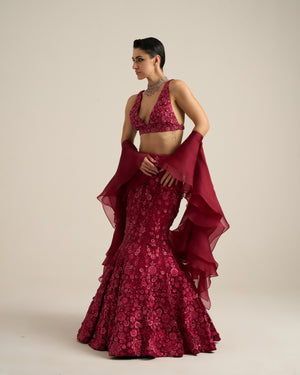 Cherry Red Monochrome Florid Lehenga Set