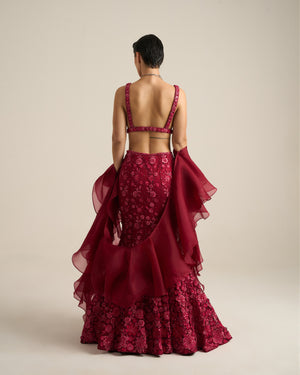 Cherry Red Monochrome Florid Lehenga Set