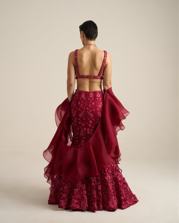 Cherry Red Monochrome Florid Lehenga Set