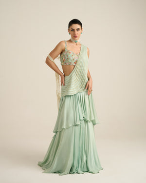 Mint Green Pearl Embellished Saree Set