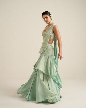 Mint Green Pearl Embellished Saree Set