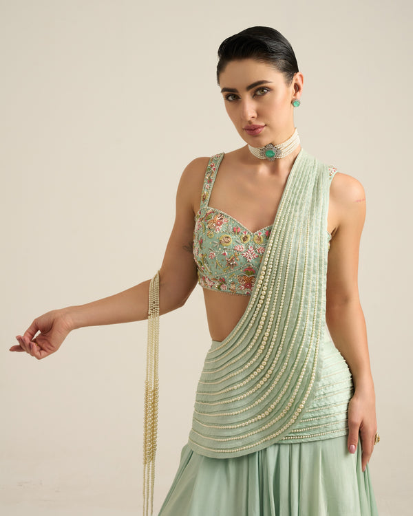 Mint Green Pearl Embellished Saree Set