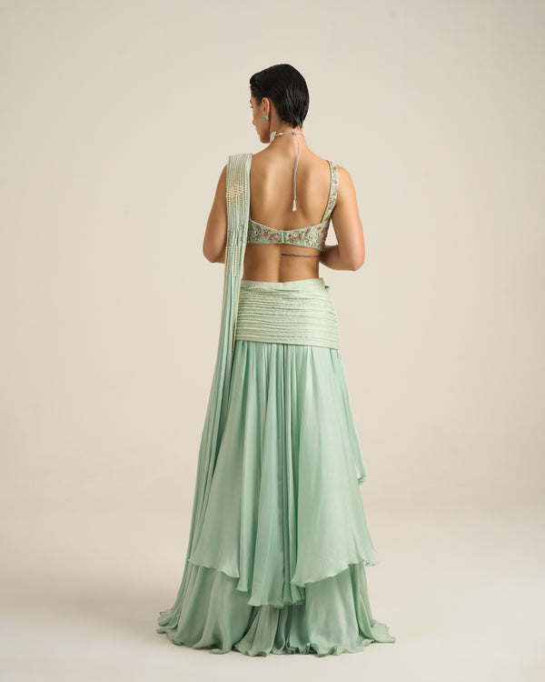 Mint Green Pearl Embellished Saree Set