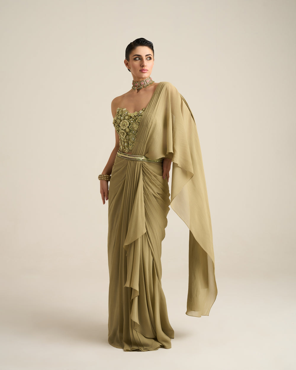 Sage Green Monochrome Floral Corset Saree Set