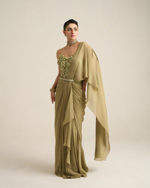 Sage Green Monochrome Floral Corset Saree Set