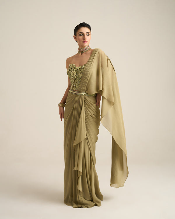 Sage Green Monochrome Floral Corset Saree Set