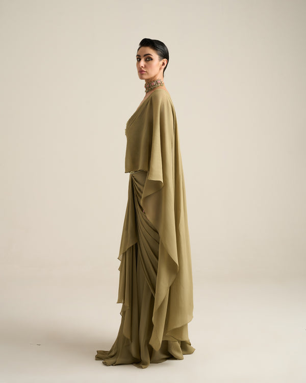 Sage Green Monochrome Floral Corset Saree Set