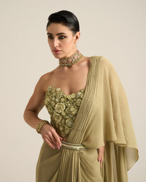 Sage Green Monochrome Floral Corset Saree Set