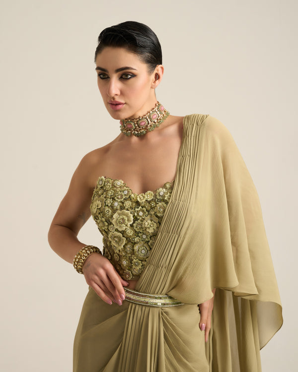 Sage Green Monochrome Floral Corset Saree Set