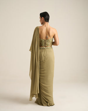 Sage Green Monochrome Floral Corset Saree Set