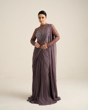 Floral Dispersion Purple Ash Bodysuit Saree Set