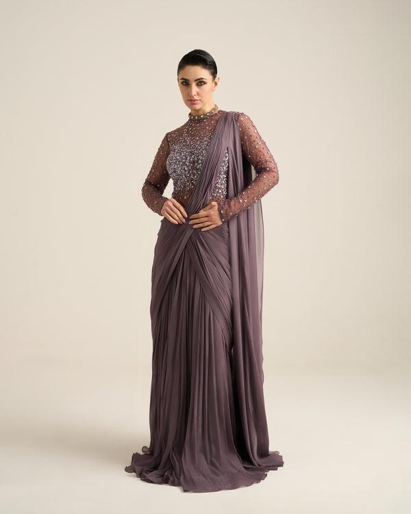 Floral Dispersion Purple Ash Bodysuit Saree Set