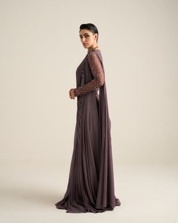 Floral Dispersion Purple Ash Bodysuit Saree Set