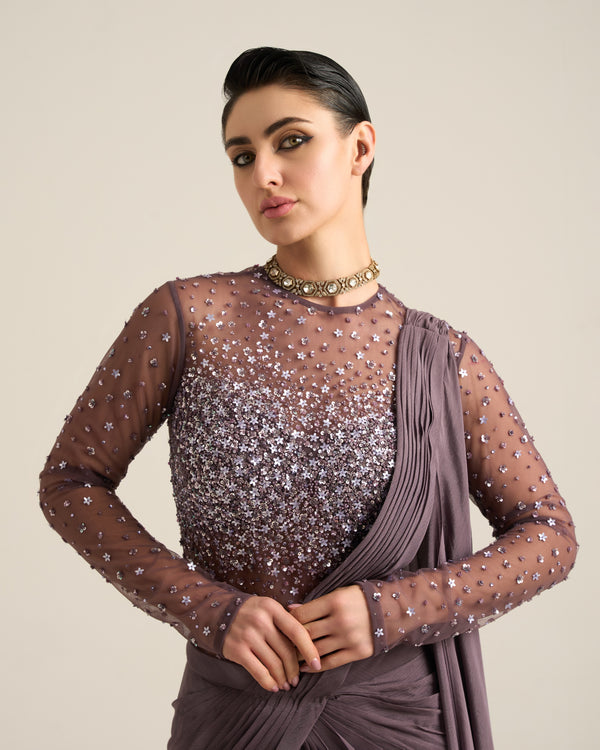 Floral Dispersion Purple Ash Bodysuit Saree Set