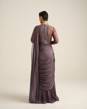 Floral Dispersion Purple Ash Bodysuit Saree Set