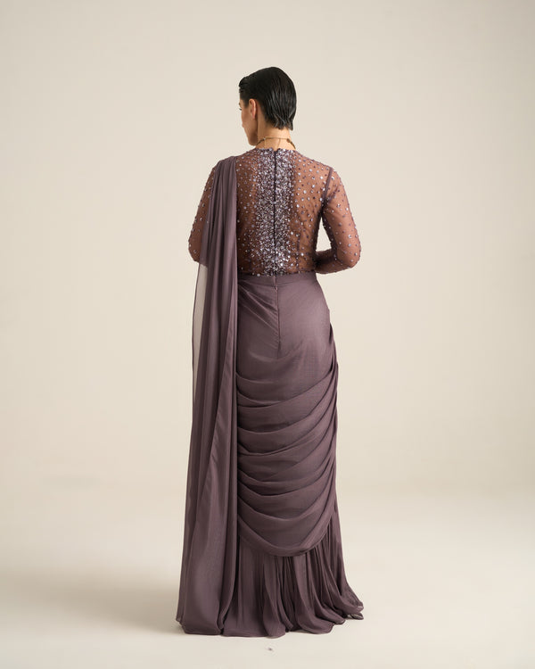 Floral Dispersion Purple Ash Bodysuit Saree Set