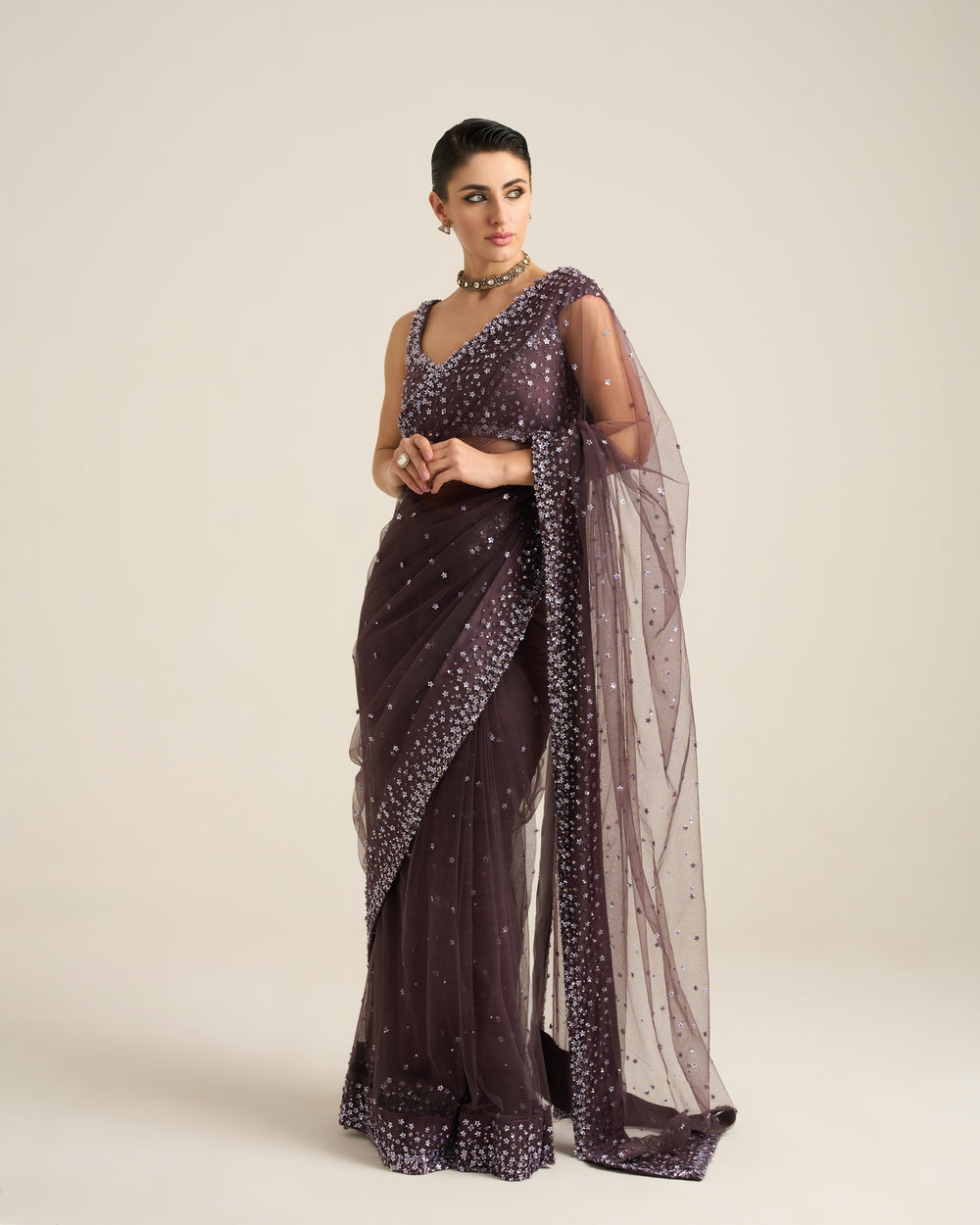 Floral Dispersion Purple Ash Saree Set