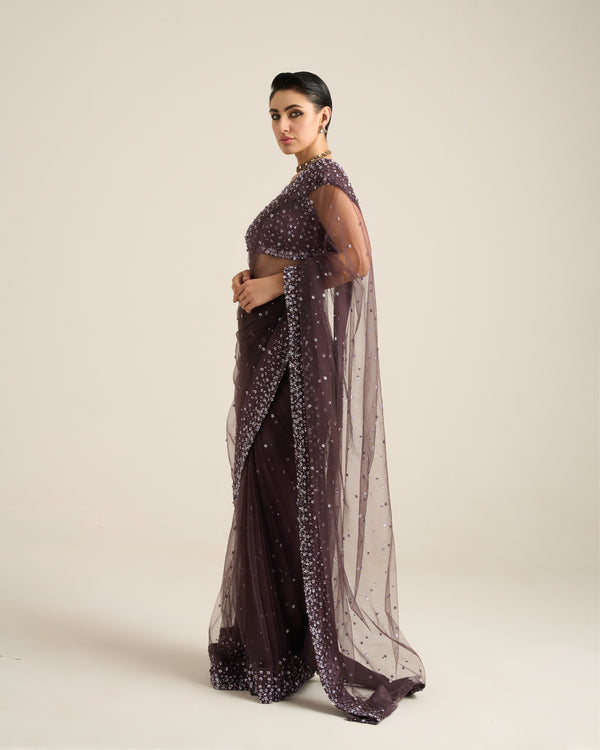 Floral Dispersion Purple Ash Saree Set