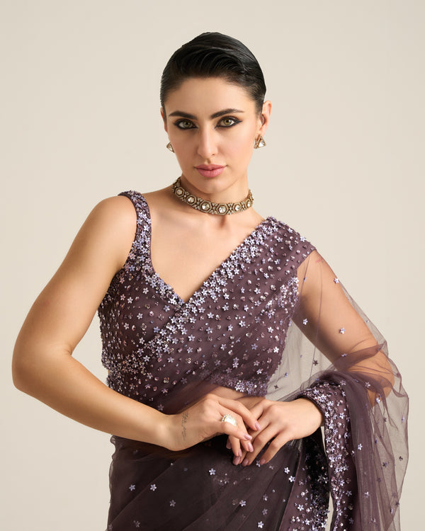 Floral Dispersion Purple Ash Saree Set