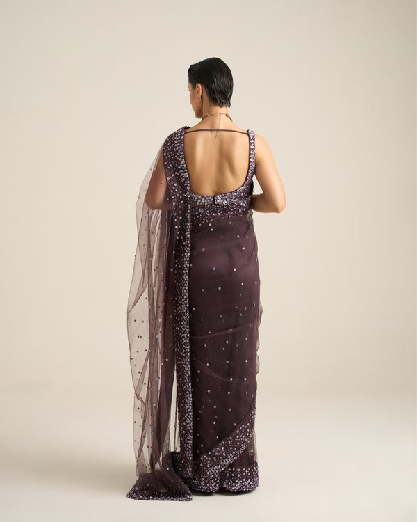 Floral Dispersion Purple Ash Saree Set