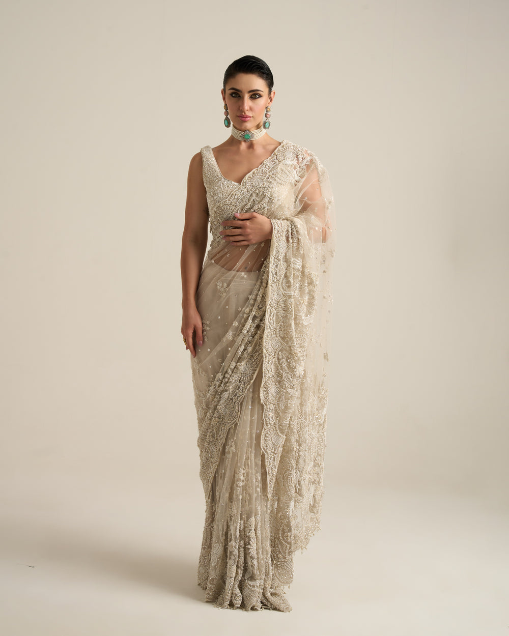 Ivory hand embroidered saree set