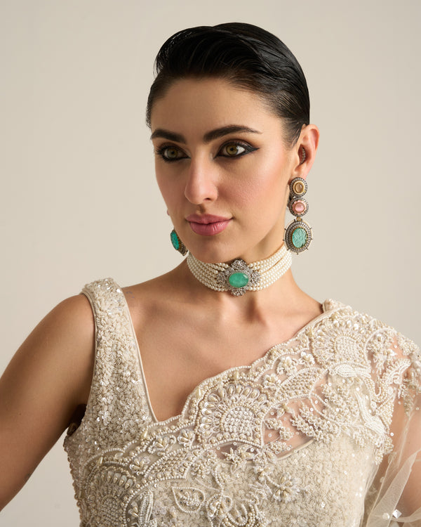 Ivory hand embroidered saree set