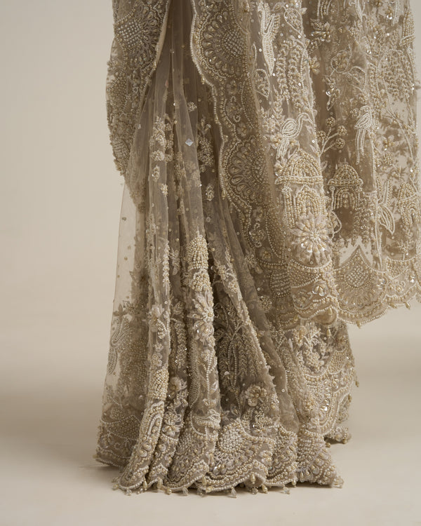 Ivory hand embroidered saree set