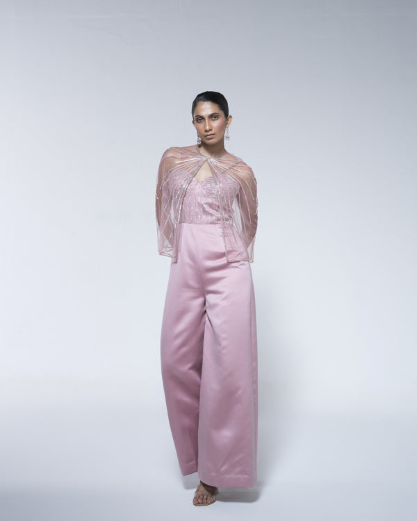 Pink Metallic Jumpsuit And Cape Set