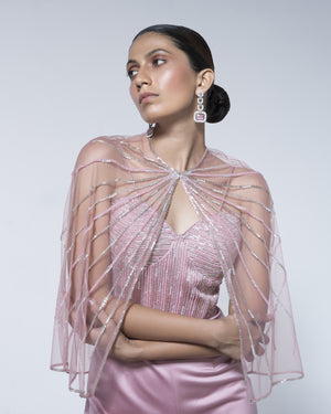 Pink Metallic Jumpsuit And Cape Set