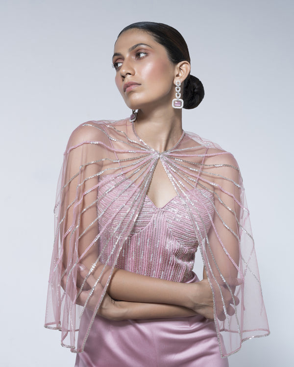 Pink Metallic Jumpsuit And Cape Set