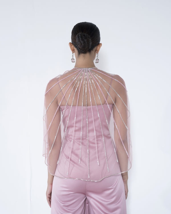 Pink Metallic Jumpsuit And Cape Set