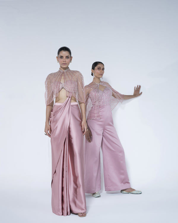 Pink Metallic Jumpsuit And Cape Set
