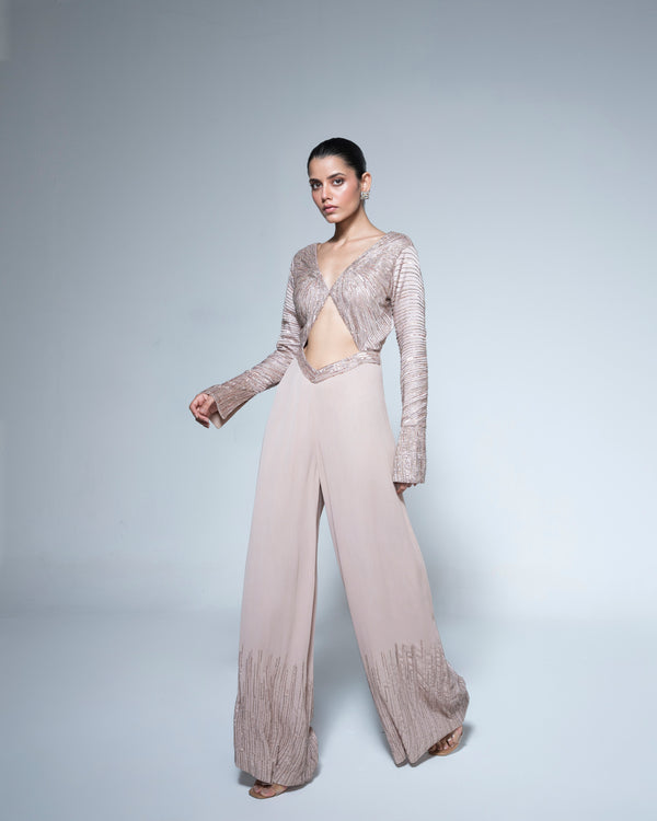 Metallic Champagne jumpsuit with cutout details