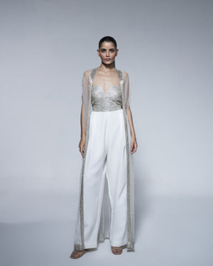 Silver Metallic Hand Embroidered Jumpsuit Cape Set
