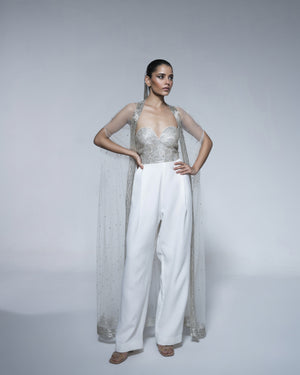 Silver Metallic Hand Embroidered Jumpsuit Cape Set