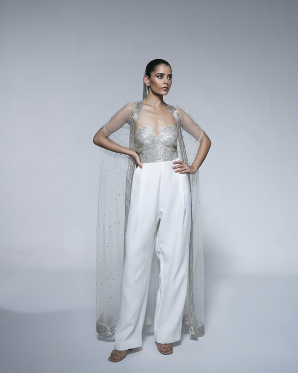 Silver Metallic Hand Embroidered Jumpsuit Cape Set
