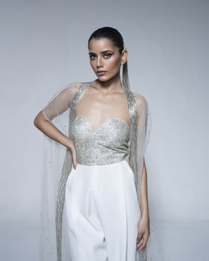 Silver Metallic Hand Embroidered Jumpsuit Cape Set