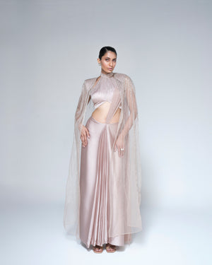 Champagne Metallic Hand Embroidered Saree Set